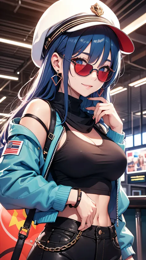 最high quality、best image quality、masterpiece、teenage girl((18-year-old、 By becoming、vest bust、medium bust,wide open breast tea、black eye, light blue hair、long hair、thin,highest valley、Perforated gloves、blue earrings、bandana、cute smile、sweating、wrap the jac...