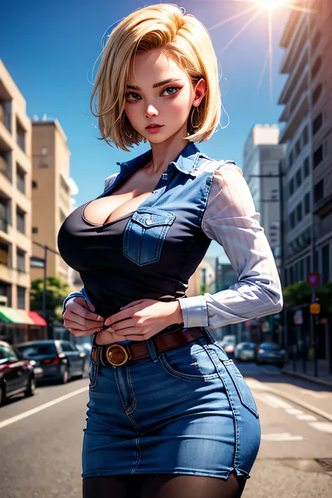 android 18, android 18, blonde hair, blue eyes, eyelash, hoop earrings, short hair, earrings, break belt, black legwear, black shirt, breast pocket, cleavage, clavicle, denim, denim skirt, high-waist skirt, jewelry, long sleeve, pocket, shirt, shirt tucked...