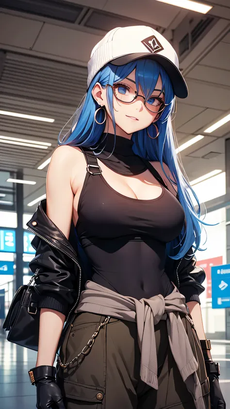 最high quality、best image quality、masterpiece、teenage girl((18-year-old、 By becoming、vest bust、medium bust,wide open breast tea、black eye, light blue hair、long hair、thin,highest valley、Perforated gloves、blue earrings、bandana、cute smile、sweating、wrap the jac...