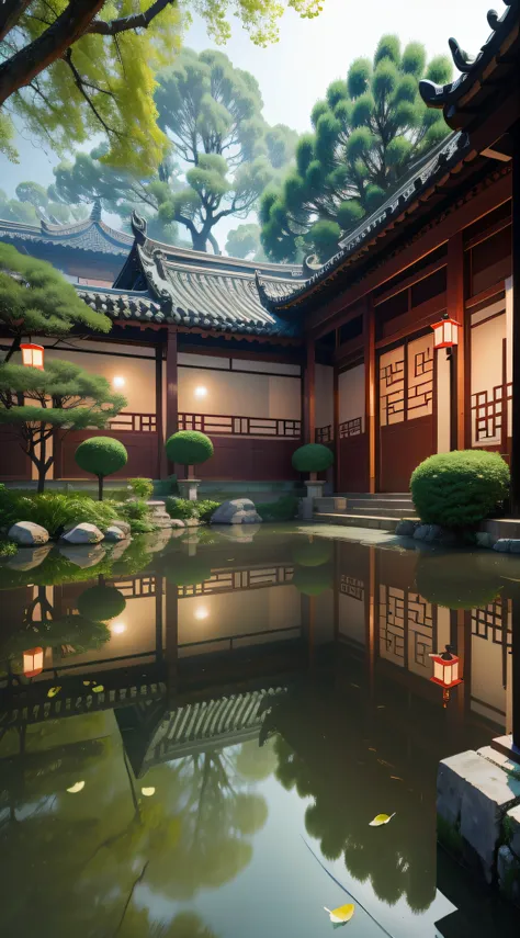 ，jiangnan suzhou garden delicate and gentle，traditional and quaint，clubs，fish jumping algae pool，willow bank flower bushes，poeti...