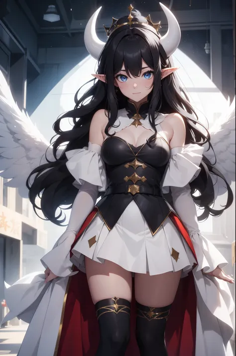 giant girl 50,000 feet high，Weight 1000kg，Has a pair of long legs，Open your eyes wide，Has three pairs of huge white angel wings，With huge devil horns on his head，crown on head，Elf wearing white earrings，She has long black hair that reaches her feet，loose h...