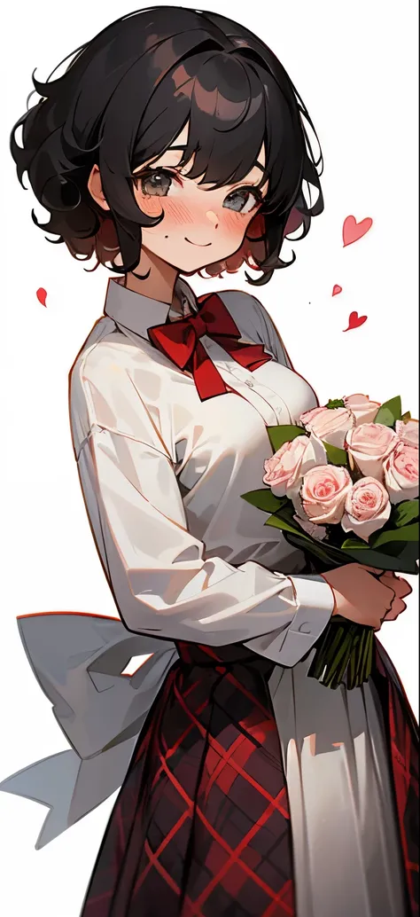 Small  girl, smiling, blushing, grey eyes, cloudy eyes, medium sized breasts, wearing white shirt, red bow tie, flannel skirt, holding bouquet of roses, black hair, fluffy hair, curly hair, short hair, white background