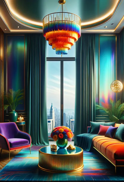 (best quality,4K,8k,high resolution,masterpiece:1.2),super detailed,(actual,photoactual,photo-actual:1.37)。（（（spacious明亮的房间，high-rise，Expose artistic，Art Deco style in a dazzling color space，spacious，grand，）））。Light luxury texture，Space color matching，Meta...