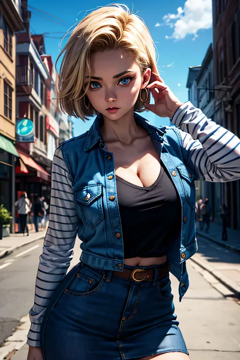 android 18, android 18, blonde hair, blue eyes, eyelash, hoop earrings, short hair, earrings, break belt, black legwear, black s...