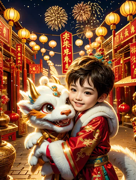 1 boy hugging cute little chinese dragon, ancient chinese little prince, chinese baby dragon, cute, festive, chinese lunar new y...