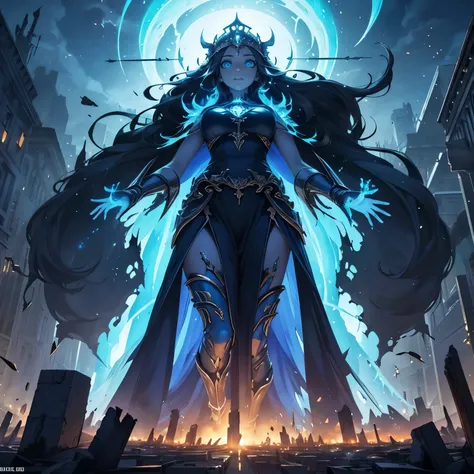 destroyed city, (100 meter tall huge goddess floating, emits light from all over the body, lost pupils, last judgment, blue flame), weapon,