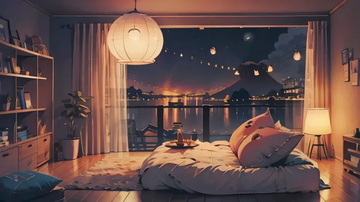 unmanned, cozy room at night, Usando fones de ouvido, Anime estilo 2D, Lo-fi, disco Rigido, Ambiente escuro,, cabelo marrom, olhos pretos, pele parda, unmanned, cozy room at night,