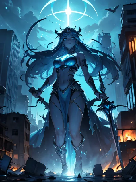 destroyed city, (100 meter tall huge goddess floating, emits light from all over the body, lost pupils, last judgment, blue flam...