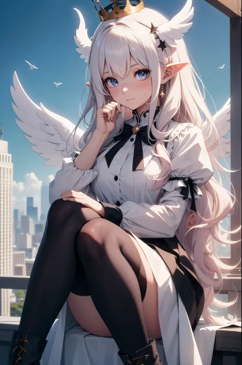 giant girl 50,000 feet high,Weight 1000kg,Have a pair of long legs,Keep your eyes open,Has three pairs of huge white angel wings,With huge devil horns on his head,wear a crown on your head,Elf wearing white earrings,She has long pink hair that reaches her ...