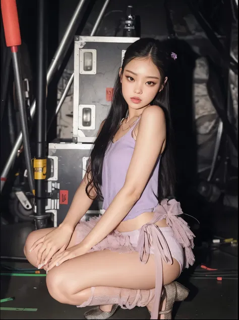 Uma linda mulher, Ulzzang, Jennie Blackpink, Jennie Kim, Kim Jennie, a beautiful woman with long black hair wearing a lilac half-cropped blouse crouches sitting looking straight