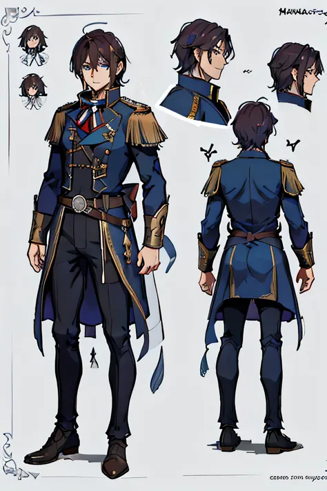 1man, reference sheet, (fantasy character design, front, back, side), napoleonic wars uniform, manly, mage, magic user, inscript...