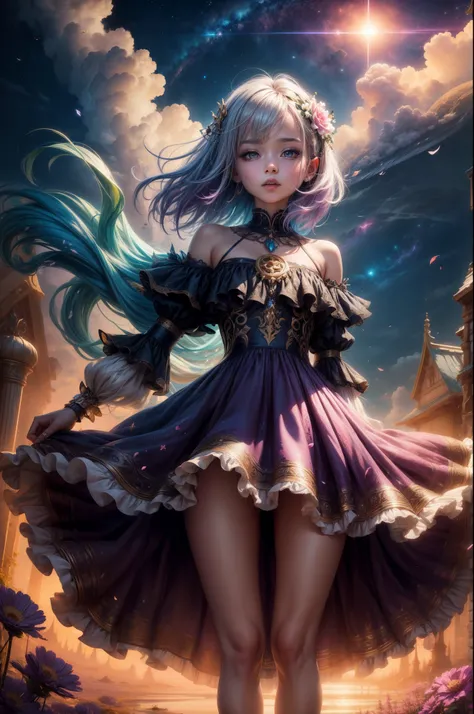 "((Fantasy art)) featuring an alien girl immersed in a celestial symphony, clouds transforming into vibrant splashes, flowers scattered like notes in the wind, a visual orchestration of color and wonder"