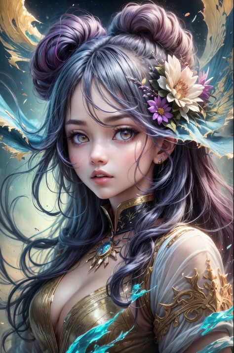 "((Fantasy art)) featuring an alien girl immersed in a celestial symphony, clouds transforming into vibrant splashes, flowers scattered like notes in the wind, a visual orchestration of color and wonder"