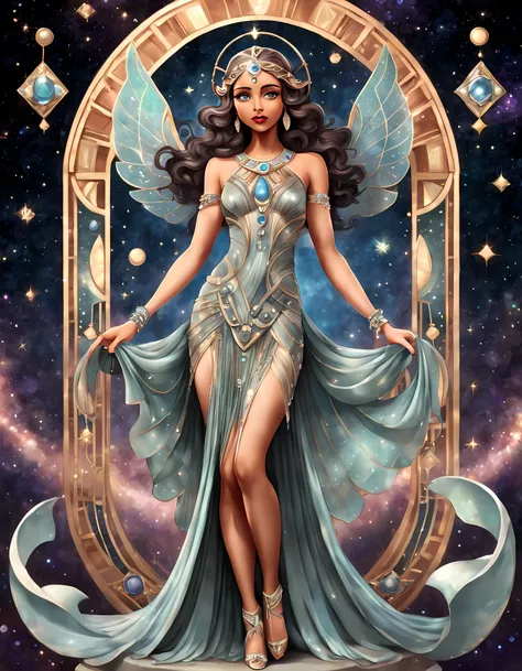 Cute cartoon style, full body photo of a beautiful celestial goddess wearing a captivating Art Deco dress adorned with ethereal features and precious gemstones, ((shimmer)), cosmic background. | ((More_Detail))