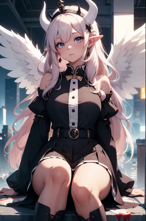 giant girl 50,000 feet high,Weight 1000kg,Has a pair of long legs,Open your eyes wide,Has three pairs of huge white angel wings,With huge devil horns on his head,crown on head,Elf wearing white earrings,She has long pink hair that reaches her feet,loose ha...