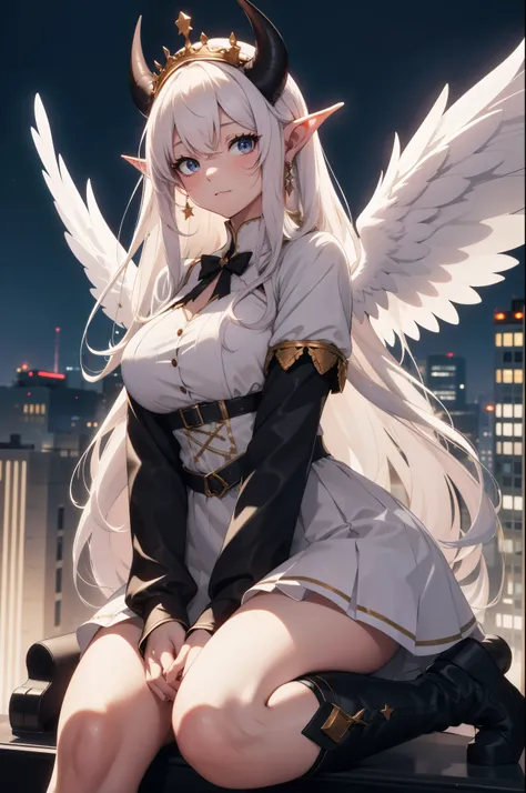 giant girl 50,000 feet high,Weight 1000kg,Have a pair of long legs,Keep your eyes open,Has three pairs of huge white angel wings,With huge devil horns on his head,wear a crown on your head,Elf wearing white earrings,She has long pink hair that reaches her ...