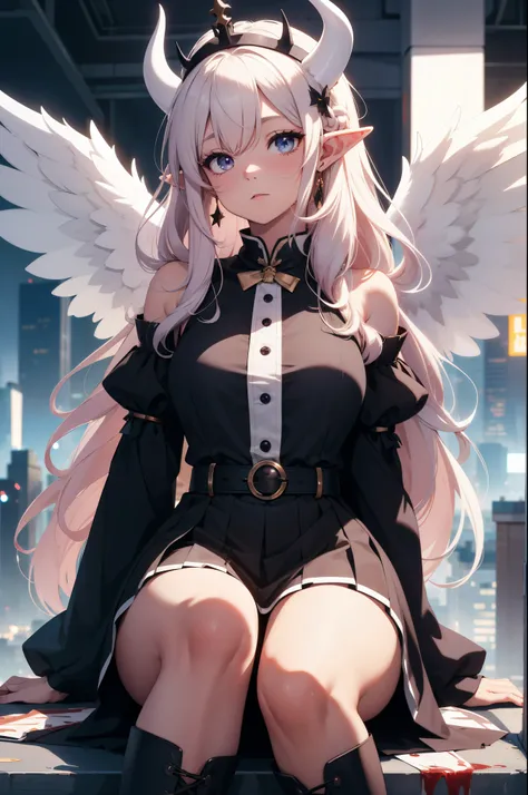 giant girl 50,000 feet high,Weight 1000kg,Have a pair of long legs,Keep your eyes open,Has three pairs of huge white angel wings,With huge devil horns on his head,wear a crown on your head,Elf wearing white earrings,She has long pink hair that reaches her ...