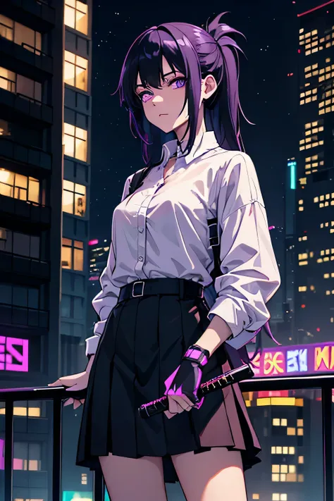 cuberpunk , , black haired, with purple hairline on head, staying on balcony, cuberpunk city, tired look, in skirt and shirt, ni...