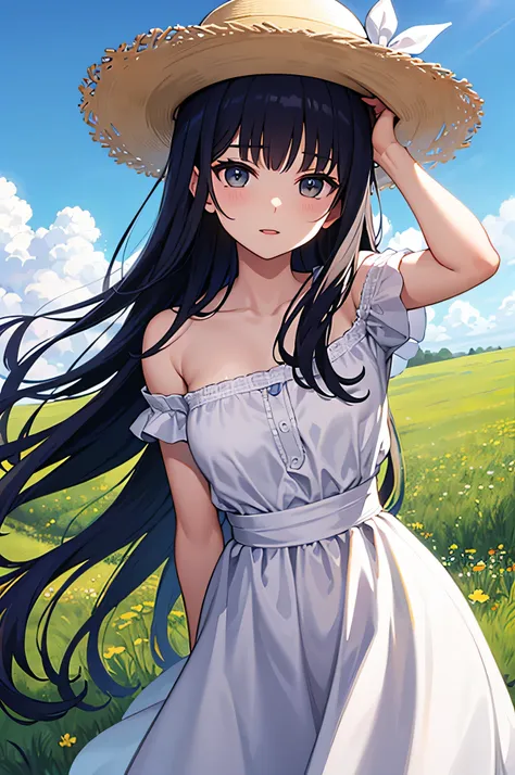 hair blowing in the wind、white dress、white hat、Put one hand on your head、beautiful grassland、Draw the face clearly、long black hair