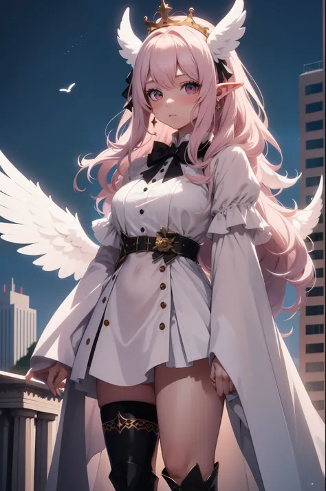 giant girl 50,000 feet high,Weight 1000kg,Has a pair of long legs,Open your eyes wide,Has three pairs of huge white angel wings,With huge devil horns on his head,crown on head,Elf wearing white earrings,She has long pink hair that reaches her feet,loose ha...