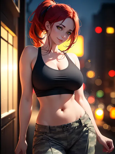 tall woman, perfect body, ponytail, red hair, black tanktop, large breasts, camo pants, yellow eyes, seductive smile, (best quality,4k,8k,highres,masterpiece:1.2), ultra-detailed, (realistic,photorealistic,photo-realistic:1.37), HDR, UHD, studio lighting, ...