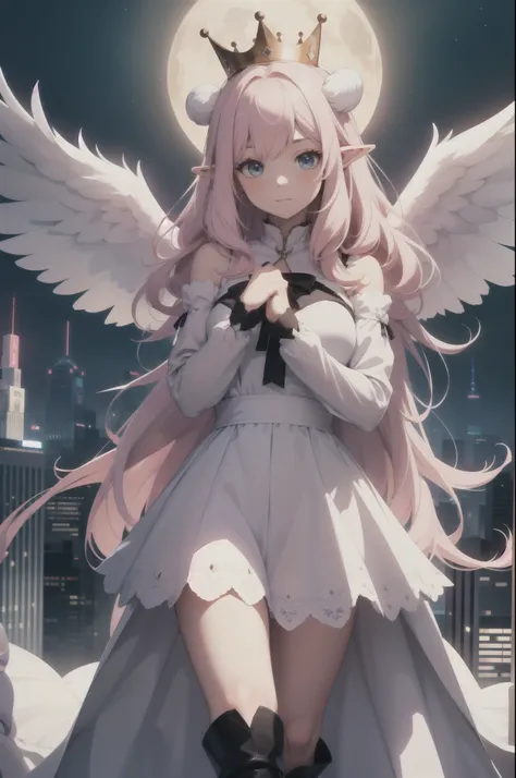 giant girl 50,000 feet high,Weight 1000kg,Has a pair of long legs,Open your eyes wide,Has three pairs of huge white angel wings,With huge devil horns on his head,crown on head,Elf wearing white earrings,She has long pink hair that reaches her feet,loose ha...