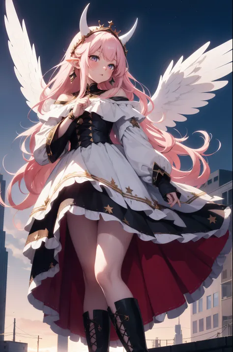 giant girl 50,000 feet high,Weight 1000kg,Have a pair of long legs,Keep your eyes open,Has three pairs of huge white angel wings,With huge devil horns on his head,wear a crown on your head,Elf wearing white earrings,She has long pink hair that reaches her ...