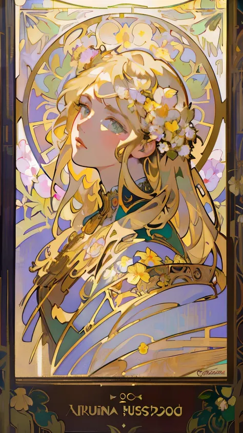 masterpiece, art deco, european woman's face portrait, long curly hair, blonde, flower frame, decorative panel, alphonse mucha (...