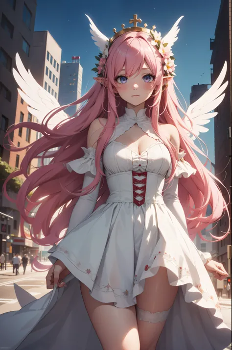 Aerial View，giant girl 50,000 feet high，Weight 1000kg，Have a pair of long legs，Keep your eyes open，Has three pairs of huge white angel wings，With huge devil horns on his head，wear a crown on your head，Elf wearing white earrings，She has long pink hair that ...