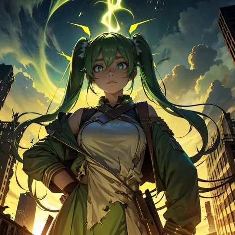 destroyed city, angle from below, (100 meter tall huge goddess floating, twin-tails hair style, emits light from all over the body, lost pupils, last judgment, green flame), weapon,