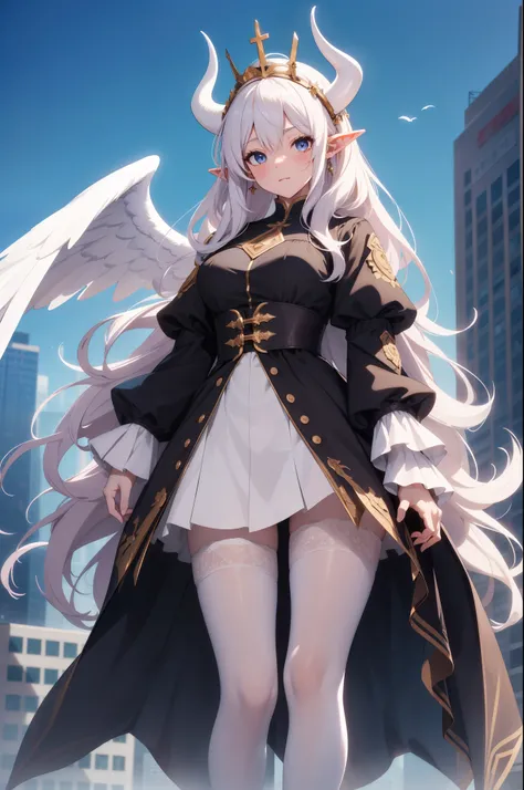 giant girl 50,000 feet high，Weight 1000kg，Has a pair of long legs，Open your eyes wide，Has three pairs of huge white angel wings，With huge devil horns on his head，crown on head，Elf wearing white earrings，She has long pink hair that reaches her feet，loose ha...