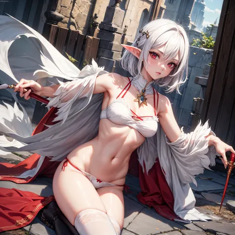 (4k quality), sexy and slim elf, torn clothes, long sexy socks, in panties, sexy pose, detailed short white hair, detailed red eyes, best quality, expressive eyes, perfect face, holding a magic wand(4k quality), sexy and slim elf, torn clothes, long sexy s...