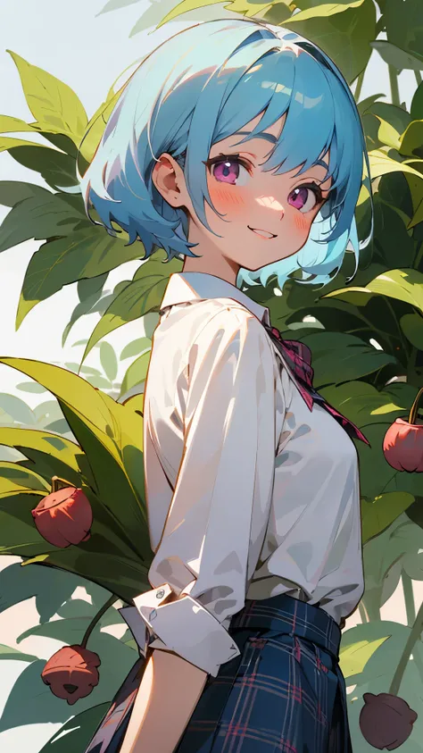 16 year old girl、light blue hair、pink eyes、smile、blush、small breasts、From the side、large amount of acorns、White blouse shirt、plaid mini skirt、upper body close-up、Under the bright sunlight filtering through the leaves、sharp outline、tomboy、boyish、first-class...