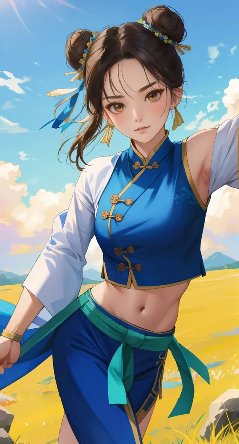 Paichang, Twin blades with blue ribbon, brown eyes, double bun,black hair, alone , Tai Chi stance, close,
Paiati,Bikini figure、Kungfu pose、high kick、
 blue sky, cloudy, evening, grassland, 
(Extremely detailed, beautiful detailed face, masterpiece, highest...