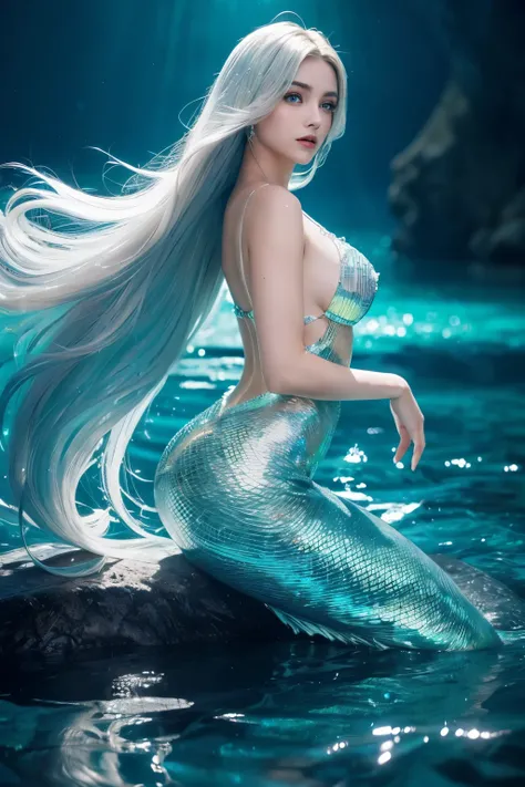 (8K, top-quality, masterpiece:1.2)
(reallistic, Photorealistic:1.2)

As an ethereal mermaid beneath the shimmering sea, her sleek, iridescent tail fin gracefully sweeps through the crystal-clear waters. Her upper body is adorned with intricately designed s...