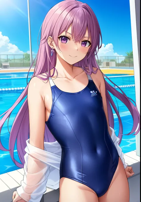 anime girl、Beautiful boys、Cool boys、Junior high school boys、solo、Boy in swimsuit、one piece swimsuit、earrings、boy with very long silver hair、clothing:High-cut swimwear、Swimsuit for swimming competitions、covered_nipples、Depth of bounds written、looking_at_vie...