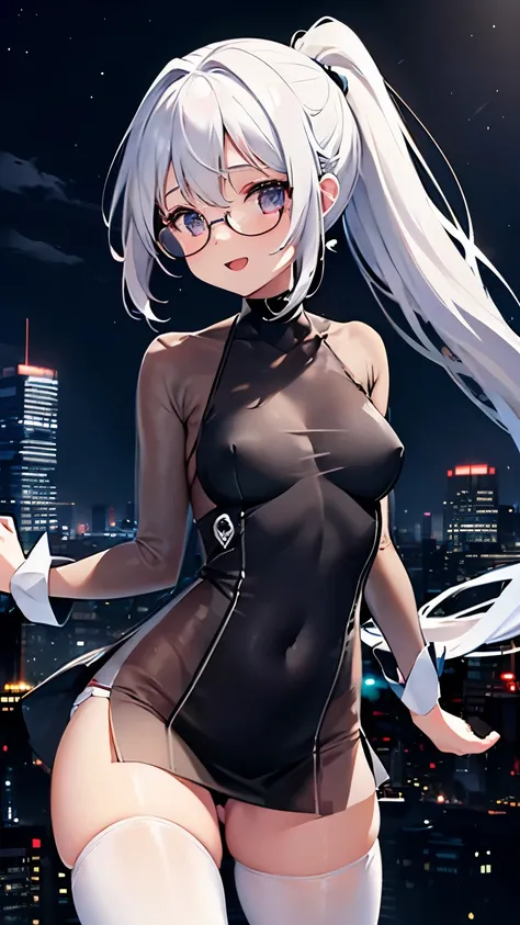 woman,14 years old,,city,night,(((white tight miniskirt bodysuit))),,open mouth smile((See-through))Glasses,((Beautiful long ponytail)),((baby girl body shape))