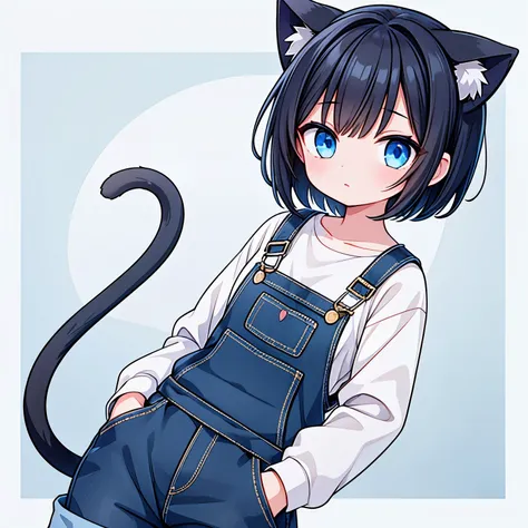 girl,black hair,short hair,blue eyes,overalls,Cat ear,tail,standing position,Put your hand in the pocket