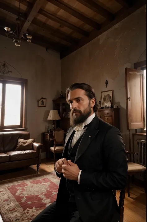 Nineteenth-century man, aproximadamente 50 anos, barba cerrada, cabelos grisalhos, vestndo fraque e cartola, with a room in the background decorated with 19th century furniture