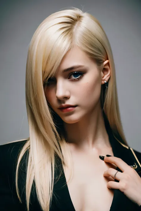 portrait of european girl,alone,20 years,beautiful face,uppser body,hair above one eye,medium side cut, blonde hair, sharp focus,black business suit