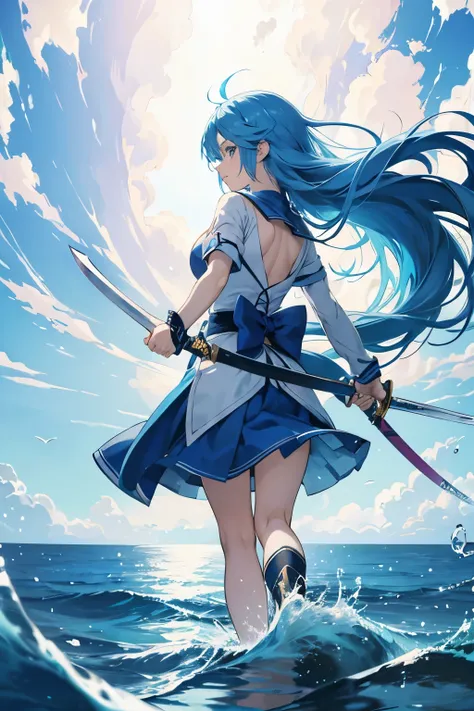 Anime girl with blue hair and tail holding a sword, wallpaper anime blue water, anime wallpaper, ultra hd anime wallpaper, hd anime wallpaper, anime wallpaper, anime long hair girl, Anime girl walking on water, anime style 4k, anime pictures, hd anime wall...