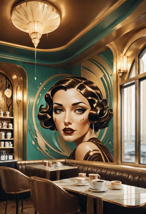 fantasy art deco, (art deco coffee art:1.3), in the style of expressive facial animation, paint dripping technique, hyper-realistic water, realistic perspective, digital art techniques, Art Deco, interior architecture