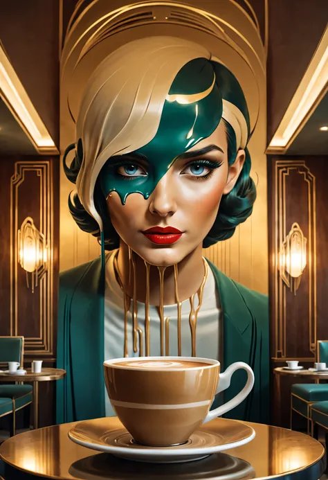 fantasy art deco, (art deco coffee art:1.3), in the style of expressive facial animation, paint dripping technique, hyper-realistic water, realistic perspective, digital art techniques, Art Deco, interior architecture