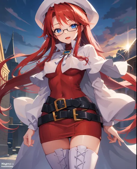 summonnightaty, aty, long hair, blue eyes, red hair, beret, hat, glasses,
BREAK long hair, thighhighs, hat, dress, boots, glasses, belt, cape, sweater, zettai ryouiki, beret, thigh boots, white footwear, ribbed sweater, loose belt,solo,
BREAK outdoors, fan...