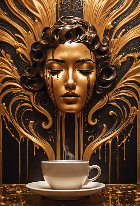 fantasy art deco, (art deco coffee art:1.3), in the style of expressive facial animation, paint dripping technique, hyper-realistic water, realistic perspective, digital art techniques, Art Deco, interior architecture