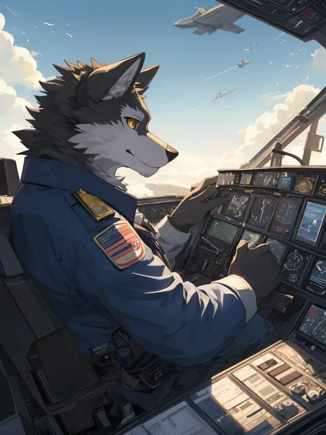 grey wolf furry,solo,digital fan art, yelloweyes,sky backgrounds,nj5furry,furry,anthro,solo,masterpiece,high detail,best shadow,detailed fanart,illustration, very very beautiful furry art,pilot,Cockpit,airforce