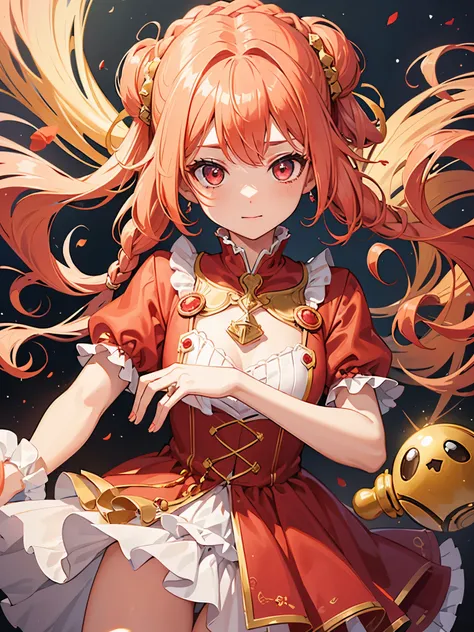 1girl, coral hair, plaits, scarlet left eye, gold right eye, ((english style dress)), ((idol)), magical girl