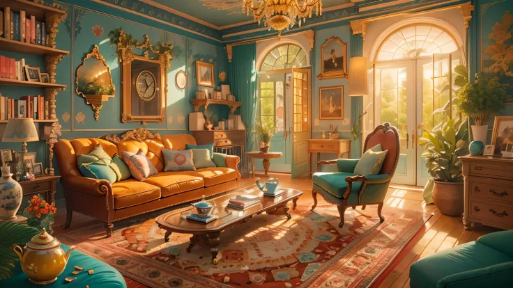 (A living room:1.2),colorful,whimsical,illustration,Large space,unique furniture,Pattern wallpaper,bright colors,playful atmosphere,Cozy fireplace,antique chandelier,Floor to ceiling bookshelves,Huge tea cup as chair,strange clock,oversized playing cards,h...