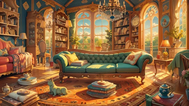 (A living room:1.2),colorful,whimsical,illustration,Large space,unique furniture,Pattern wallpaper,bright colors,playful atmosphere,Cozy fireplace,antique chandelier,Floor to ceiling bookshelves,Huge tea cup as chair,strange clock,oversized playing cards,h...