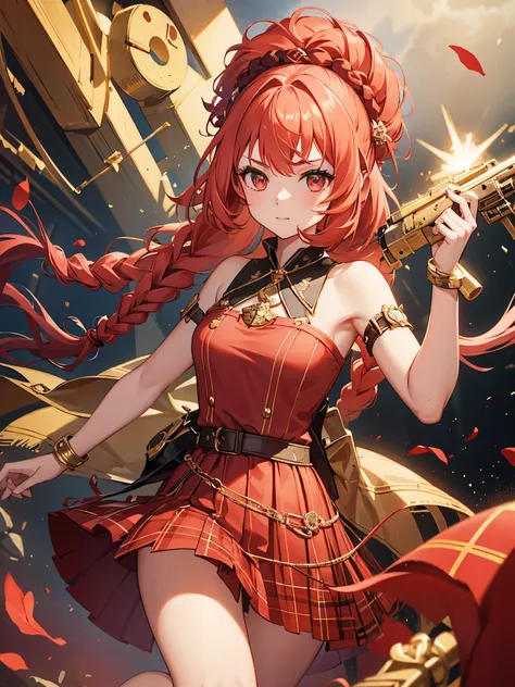 1girl, coral hair, plaits, scarlet left eye, gold right eye, ((scottish style dress)), ((idol)), Lee-Enfield Mk.II rifle